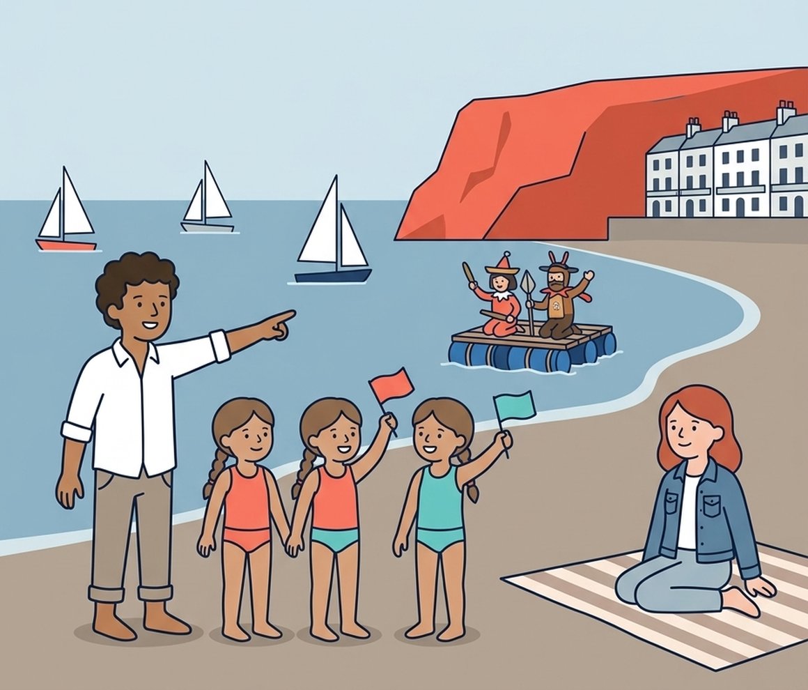 Illustration of a family on Sidmouth beach watching sailing boats and a fancy dress raft