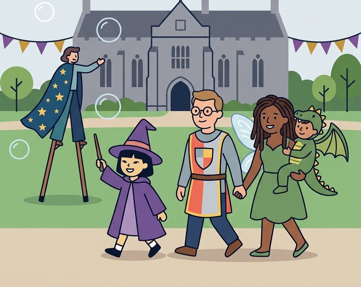 Illustration of children in wizard, knight and dragon costumes parading in the gardens at Dartington Hall