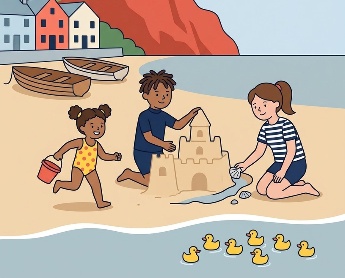 Illustration of children building a big sandcastle on Shaldon beach with rubber ducks in the water