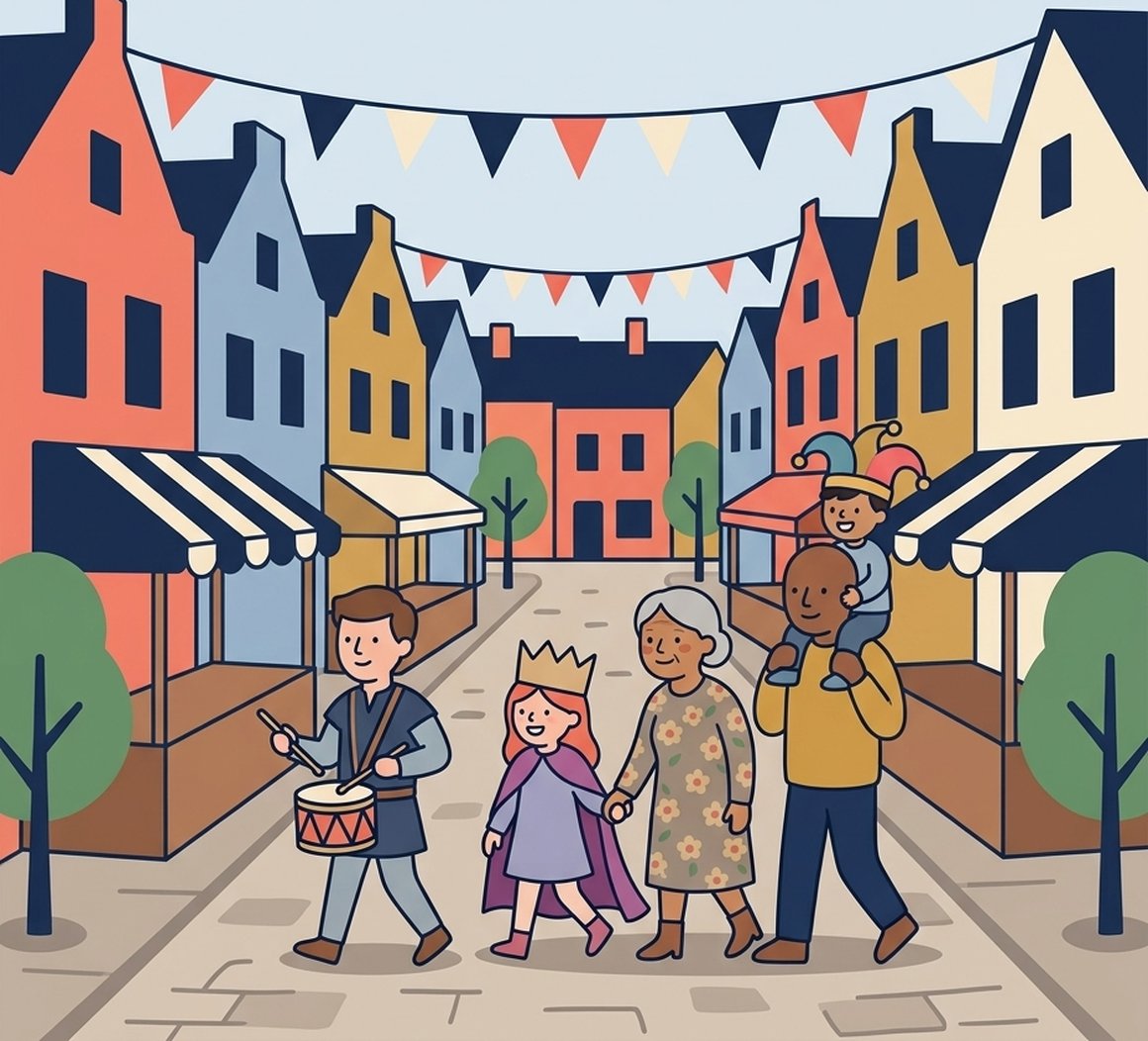 Illustration of a family in homemade fancy dress walking down a bunting-lined Fore Street in Topsham