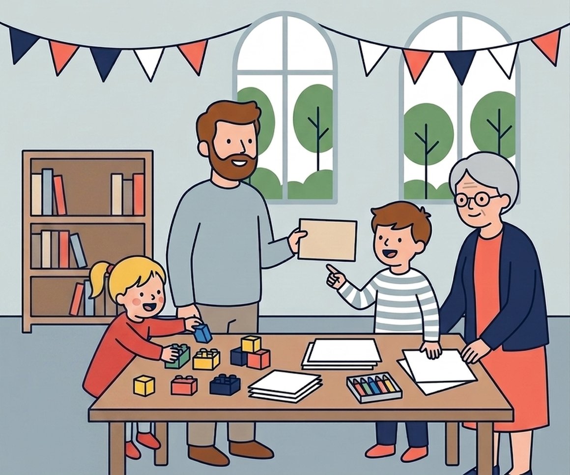 Illustration of a family crafting and playing with bricks at a bunting-lined community hall table
