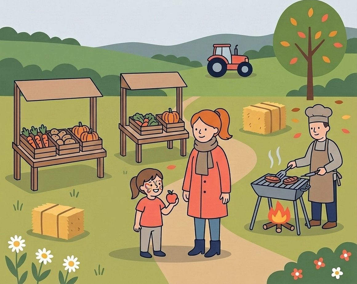 Illustration of a family at a farm harvest festival with veg stalls, a chef at a grill and a tractor