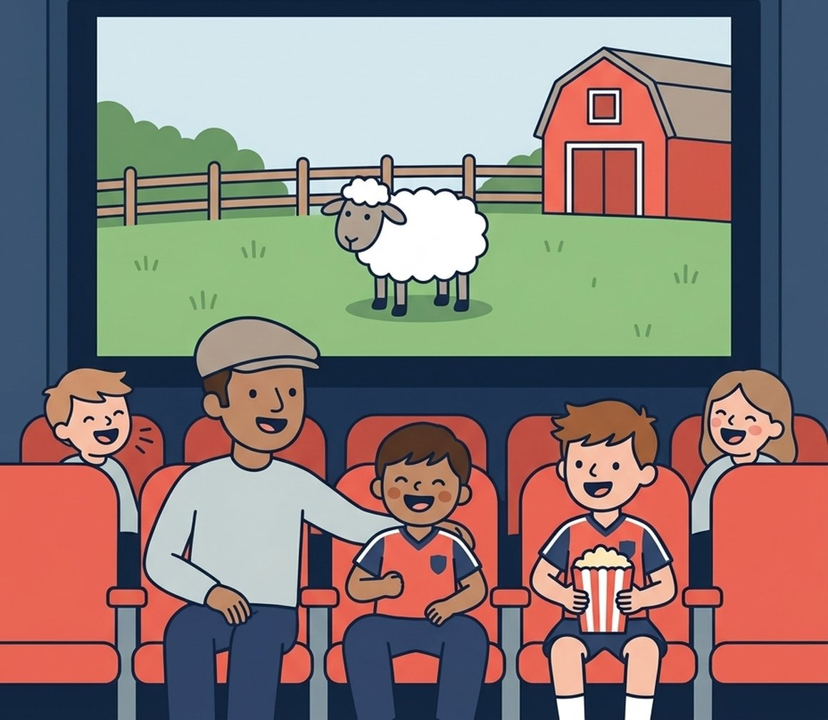 Illustration of a family watching a farmyard scene on a cinema screen
