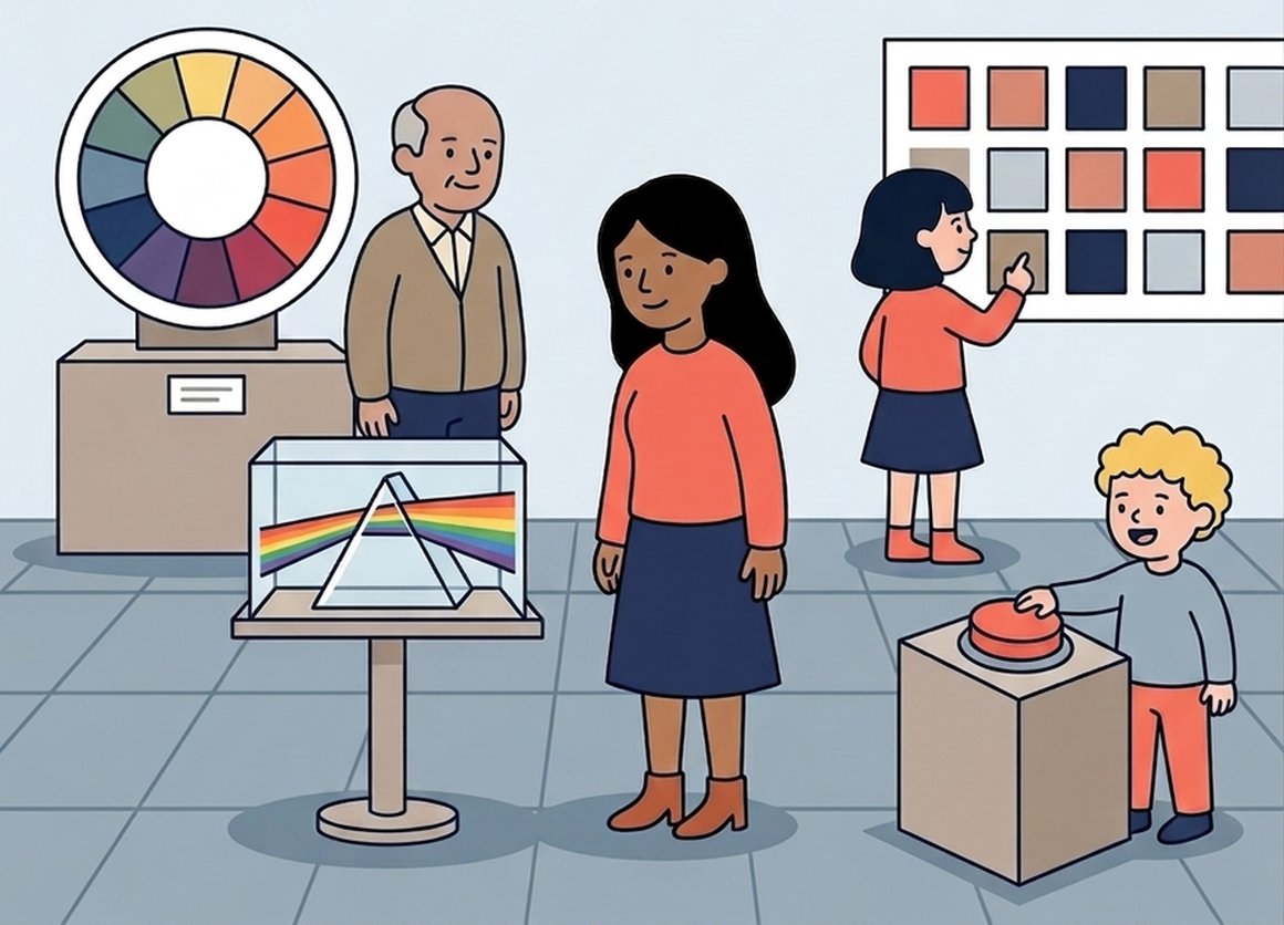 Illustration of a family exploring a museum colour gallery with a colour wheel and a prism