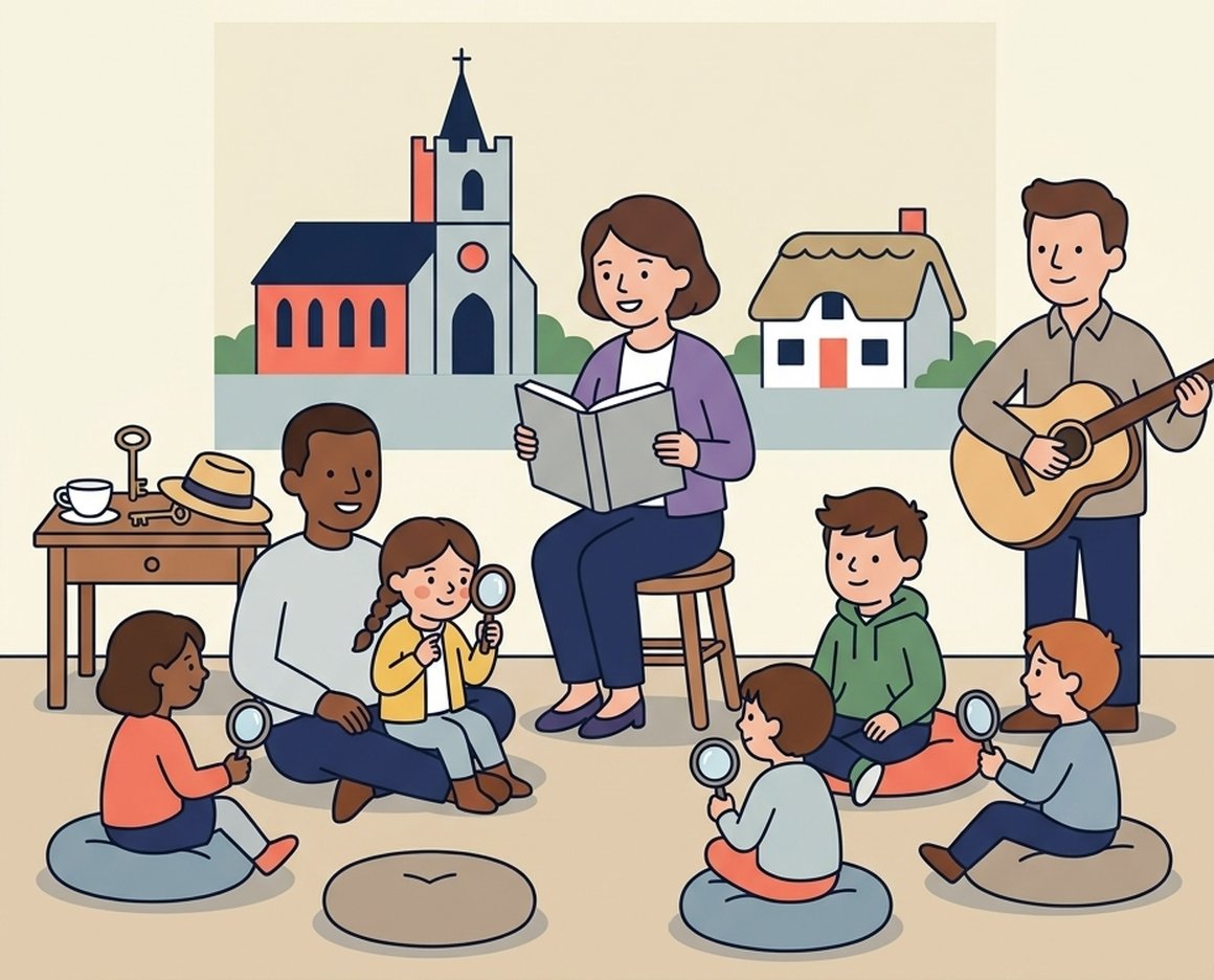 Illustration of children with magnifying glasses at a museum detective storytelling session