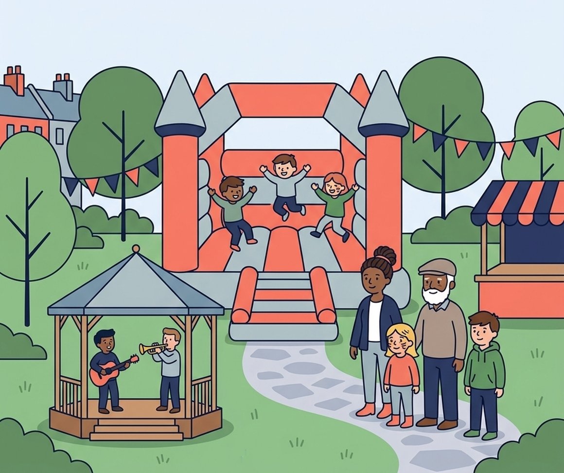 Illustration of a bouncy castle, bandstand and family at Park Life Fun Day in Heavitree Pleasure Ground