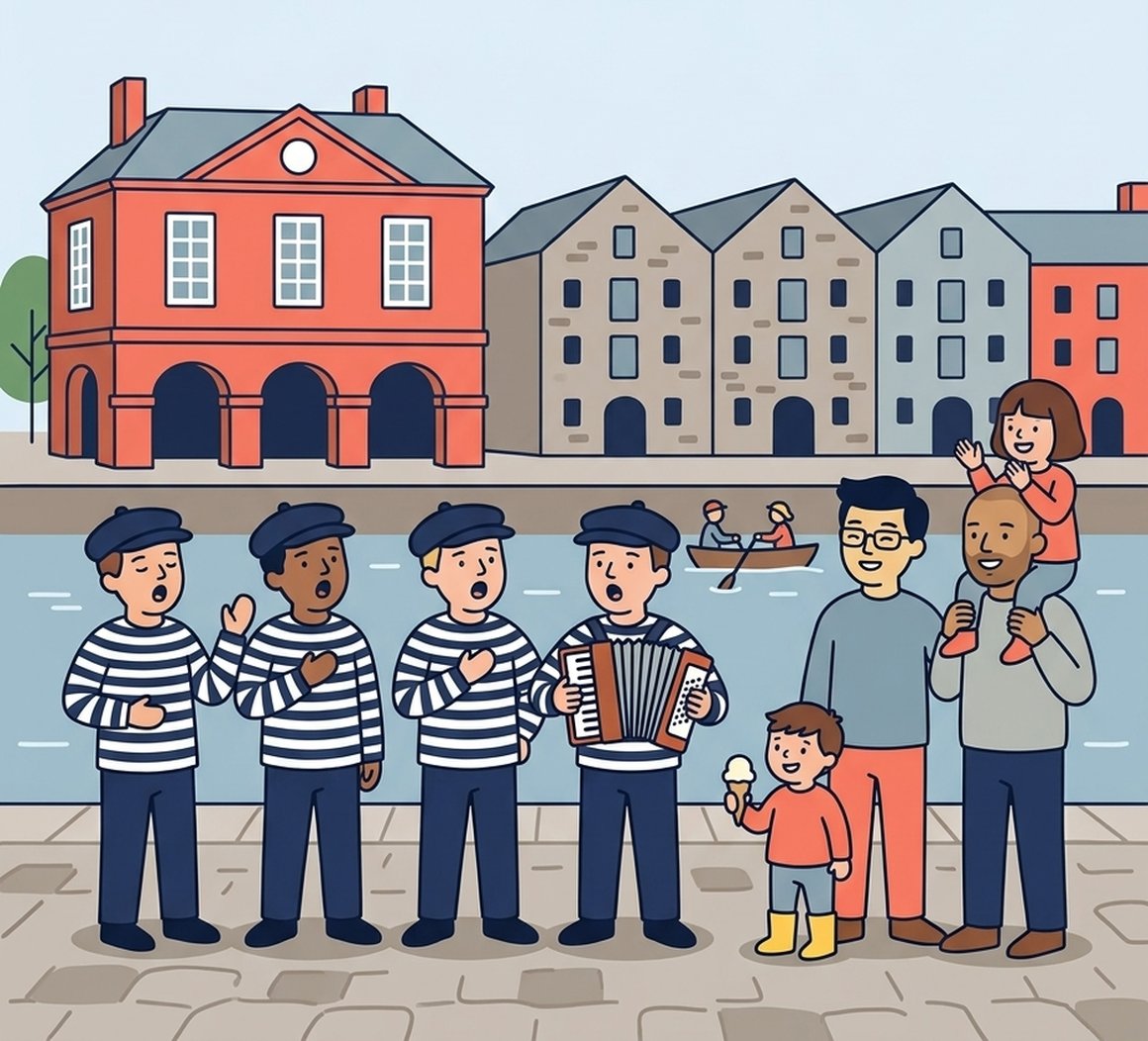 Illustration of shanty singers and a family by the Custom House on Exeter Quayside