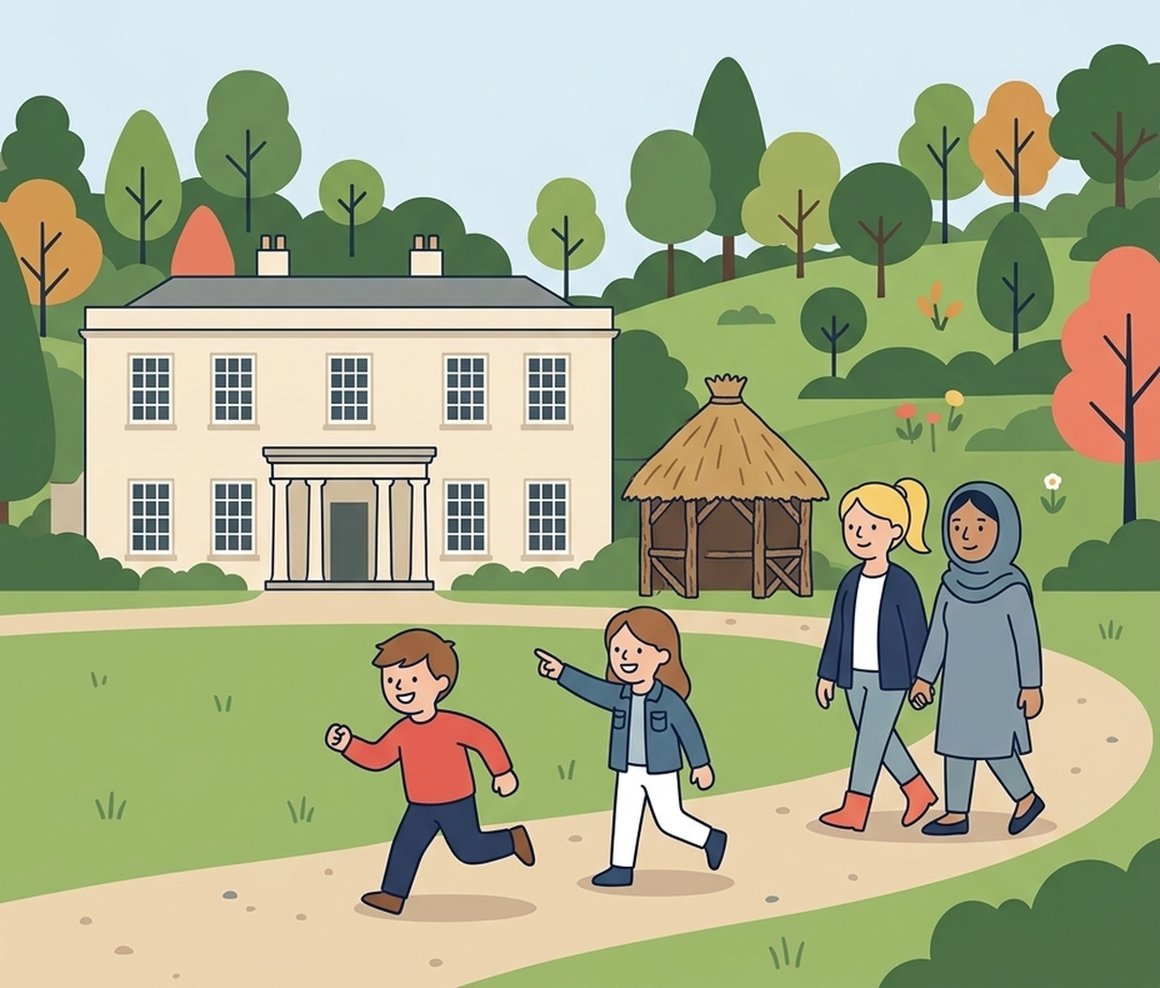 Illustration of Killerton House, the hillside garden and a family walking the path
