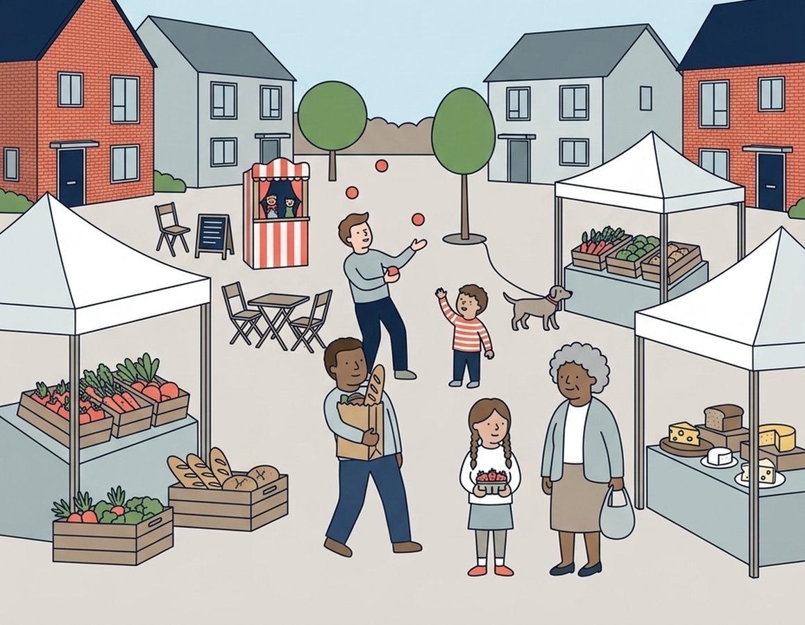 Illustration of a food festival with market stalls, a juggler and a family in Cranbrook town square