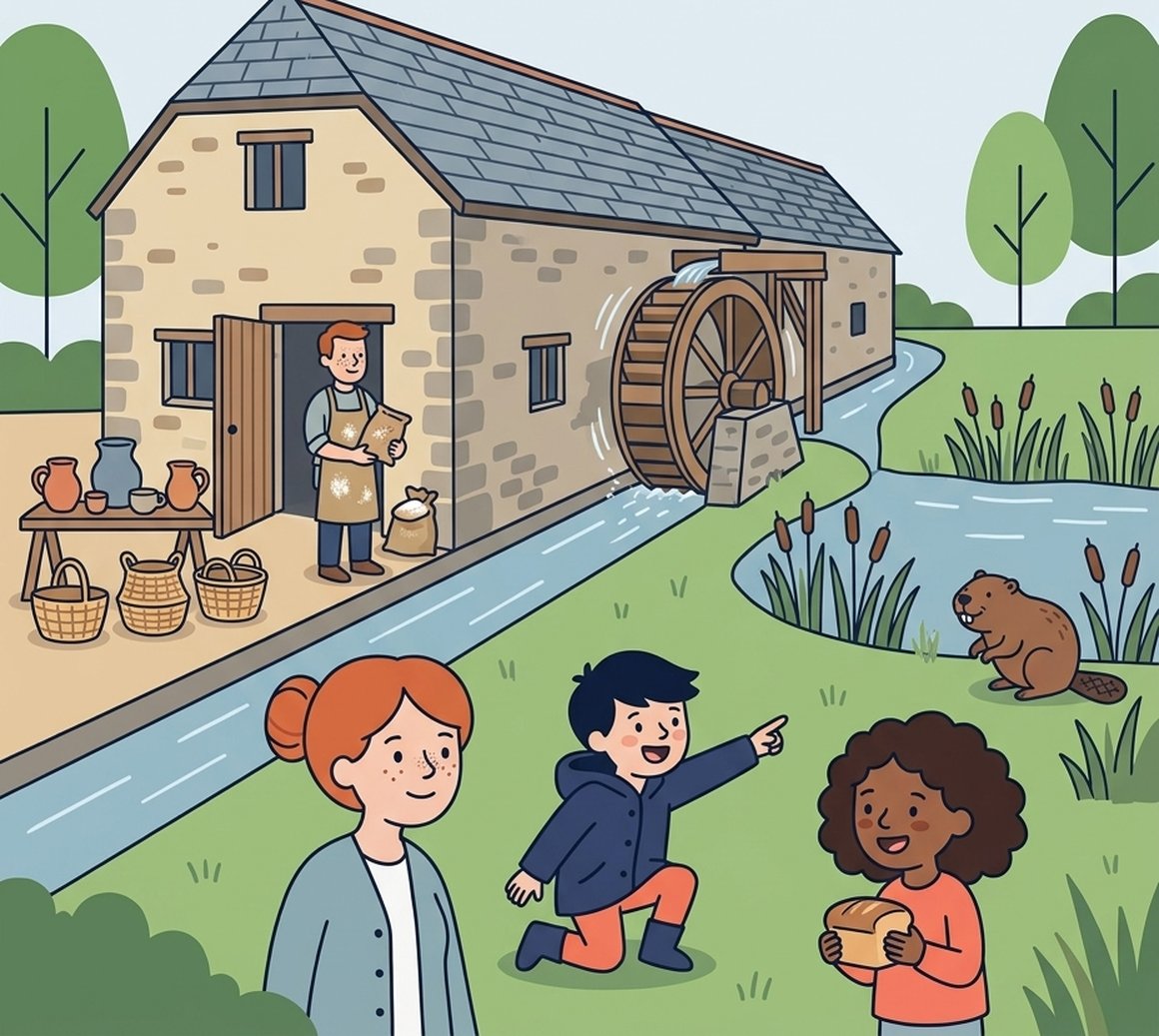 Illustration of Otterton Mill with its waterwheel, a miller at the door, a family by the river and a beaver on the bank