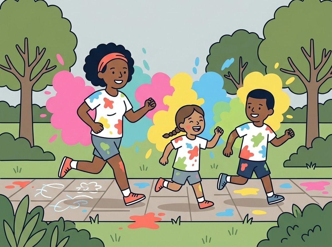 Illustration of a family running through coloured powder clouds at Northernhay Gardens, Exeter