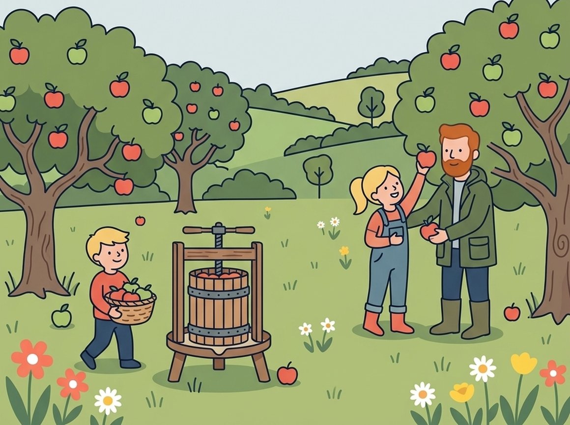 Illustration of a family picking apples in a Devon cider orchard