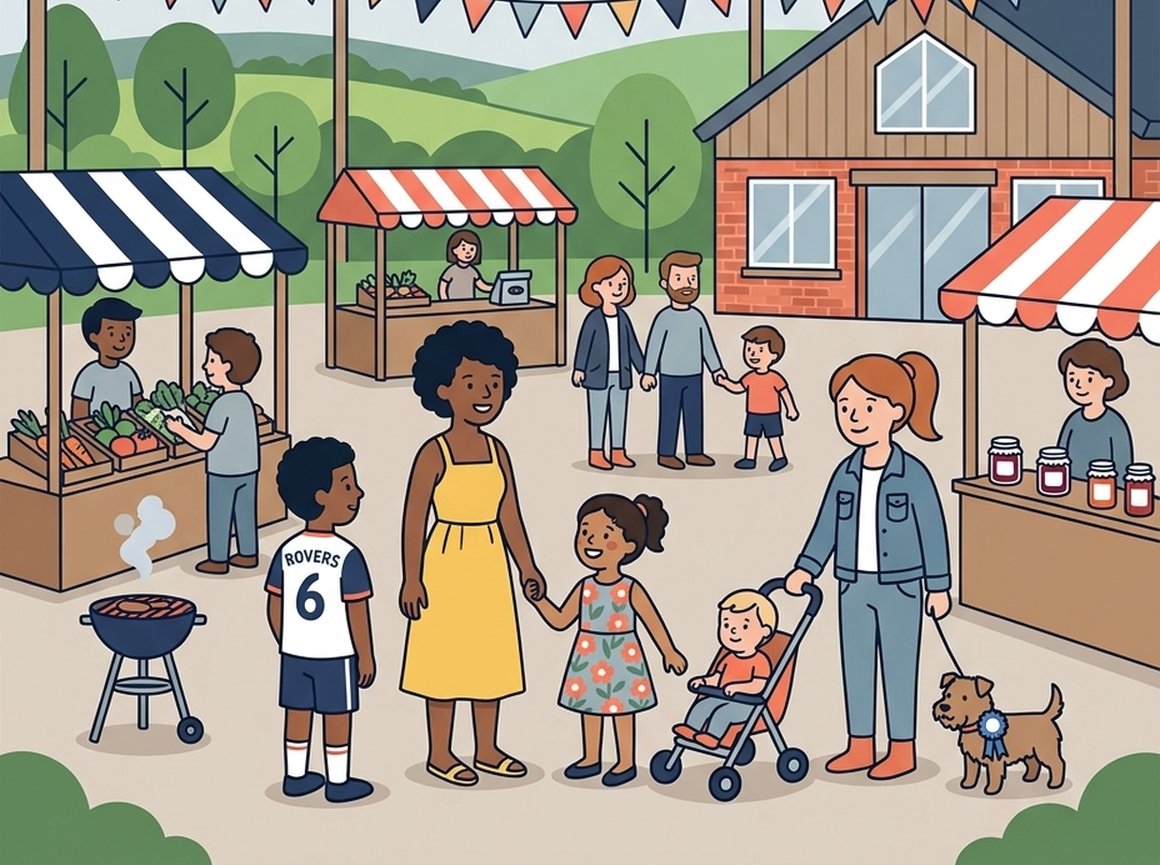 Illustration of a traditional summer fete at Greendale Farm Shop with bunting and a dog show