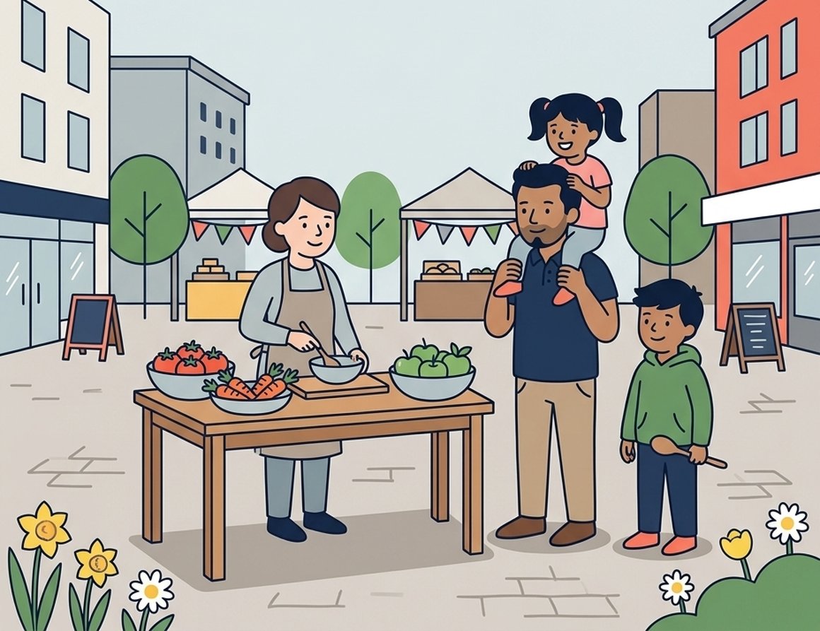 Illustration of a family at the Exeter Food Action Festival in Princesshay Square