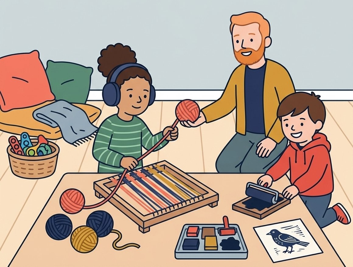 Illustration of a family weaving and printmaking in a calm workshop at Exeter Phoenix