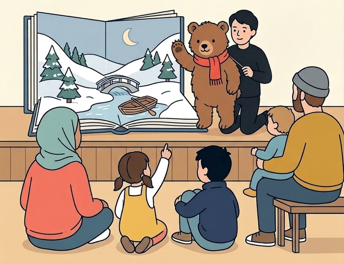 Illustration of families watching a pop-up storybook puppet show at Emmanuel Hall, Exeter
