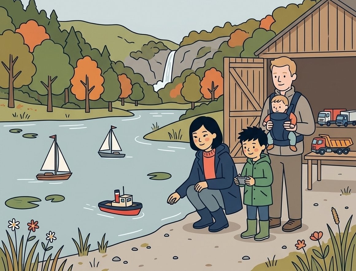 Illustration of a family watching model boats on the lake at Canonteign Falls