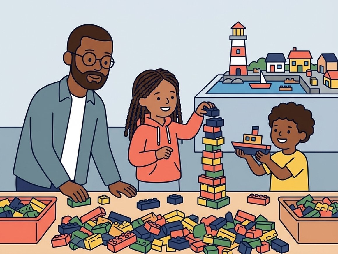 Illustration of a family building with colourful bricks at a brick festival
