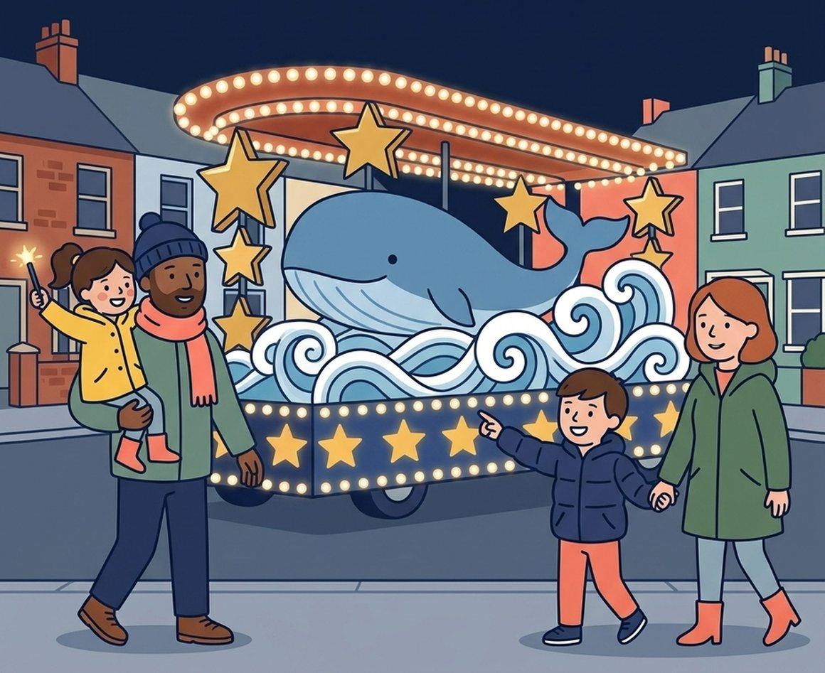 Illustration of a family watching an illuminated carnival float at night in Sidmouth