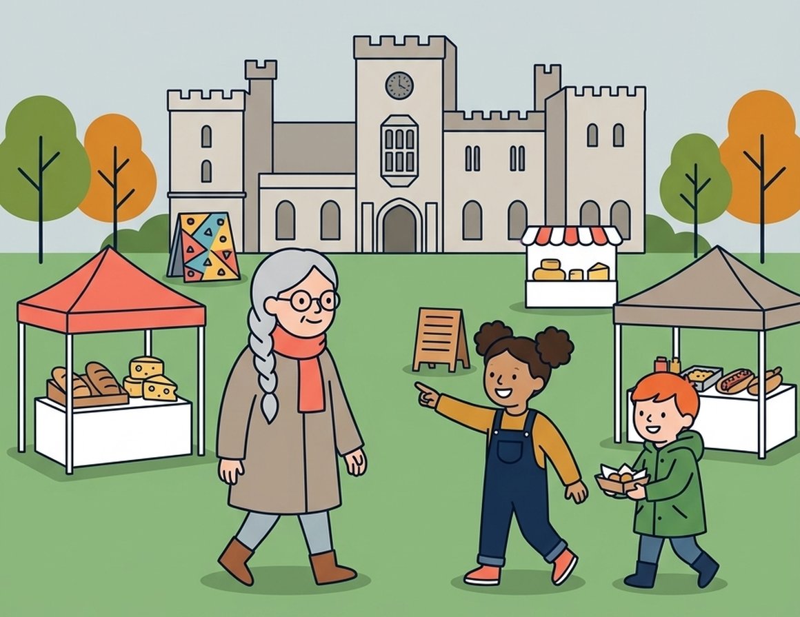 Illustration of a family at food stalls on the lawn in front of Powderham Castle