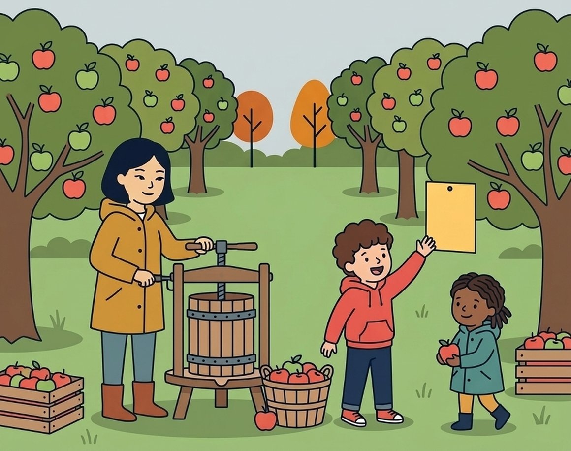 Illustration of a family pressing apples in the orchard at Killerton