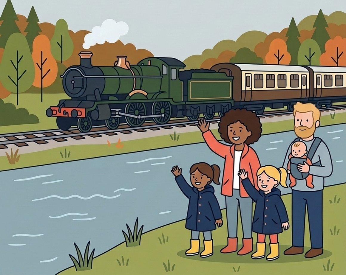 Illustration of a family waving at a green steam train beside the River Dart