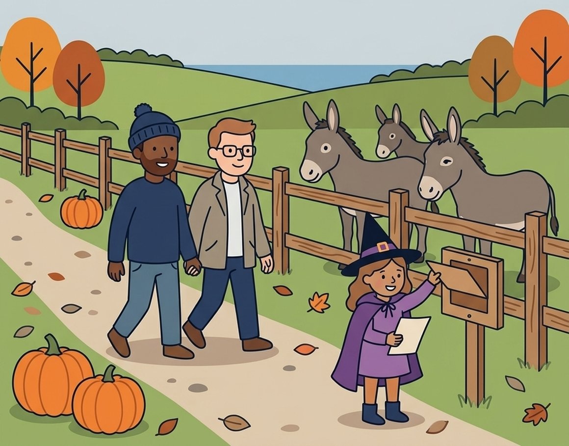 Illustration of a family on the pumpkin trail beside the donkey paddock at The Donkey Sanctuary