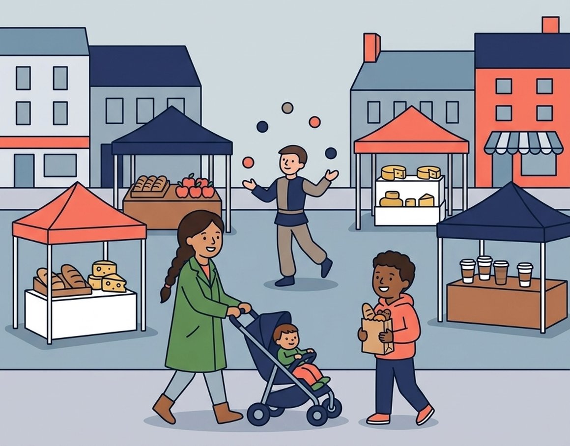 Illustration of a family at street food stalls on Sidwell Street, Exeter