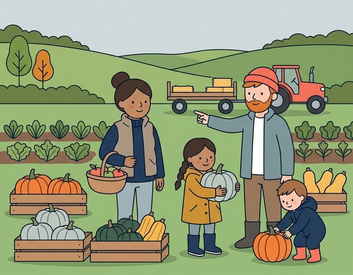 Illustration of a family among crates of squash at Shillingford Organics, with a tractor and trailer behind