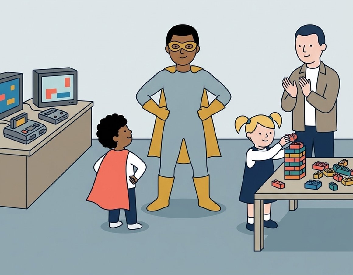 Illustration of a family meeting a superhero cosplayer beside retro games and a table of building bricks