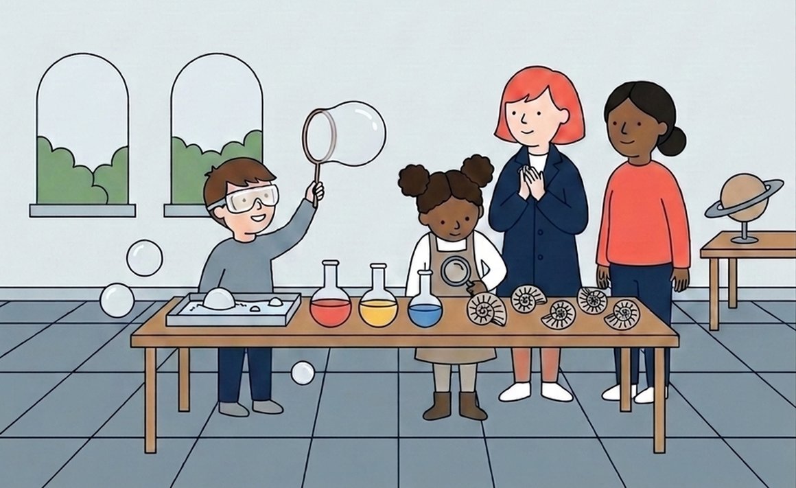 Illustration of a family making giant bubbles and looking at fossils at a hands-on science day