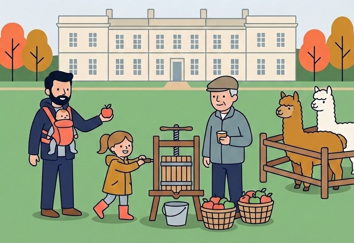 Illustration of a family pressing apples and feeding alpacas on the lawn at Cockington Court