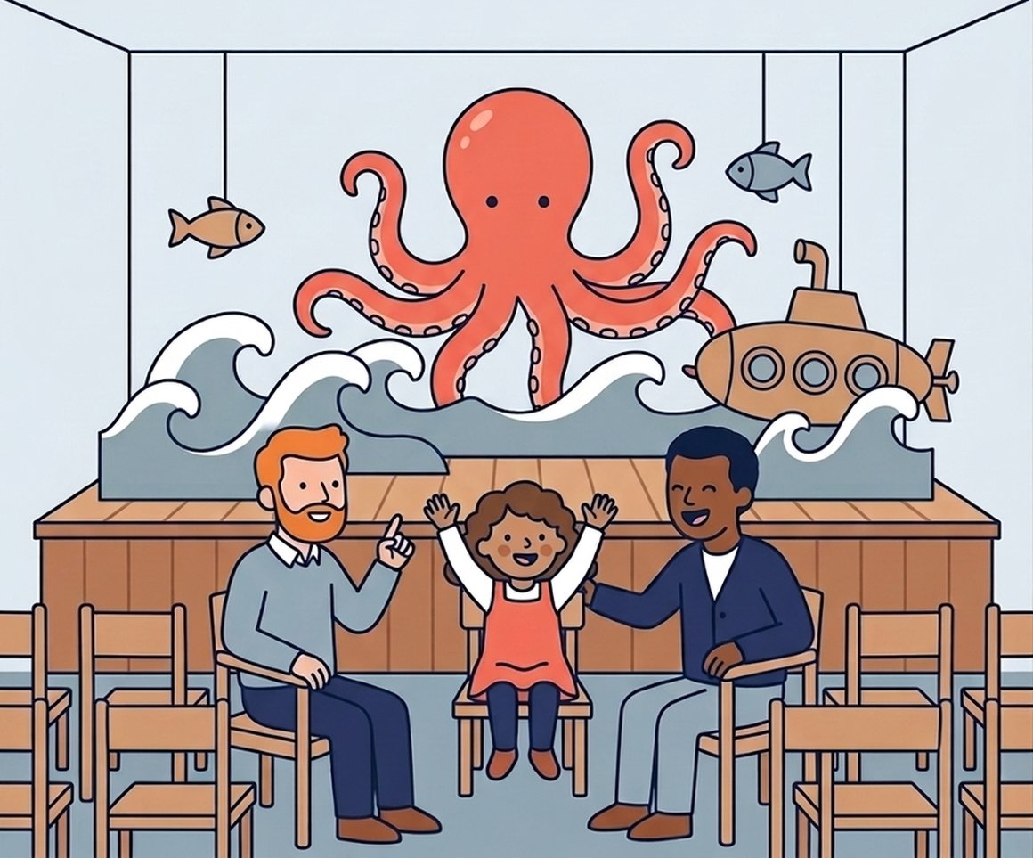 Illustration of two dads and a little girl with her hands up in front of an underwater stage set with a big paper octopus
