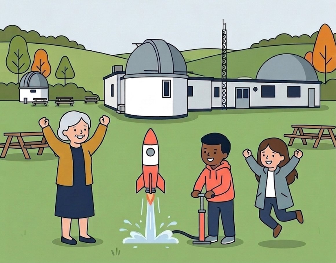 Illustration of a grandma and two children cheering as a water rocket launches on the lawn in front of the observatory domes