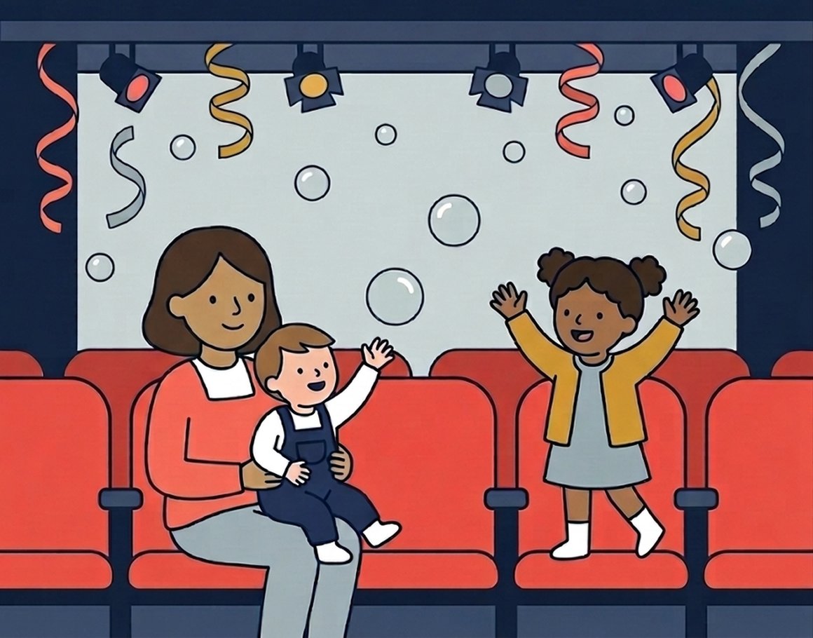 Illustration of a mum with a toddler on her knee and a girl waving in theatre seats as bubbles and streamers float over the stage