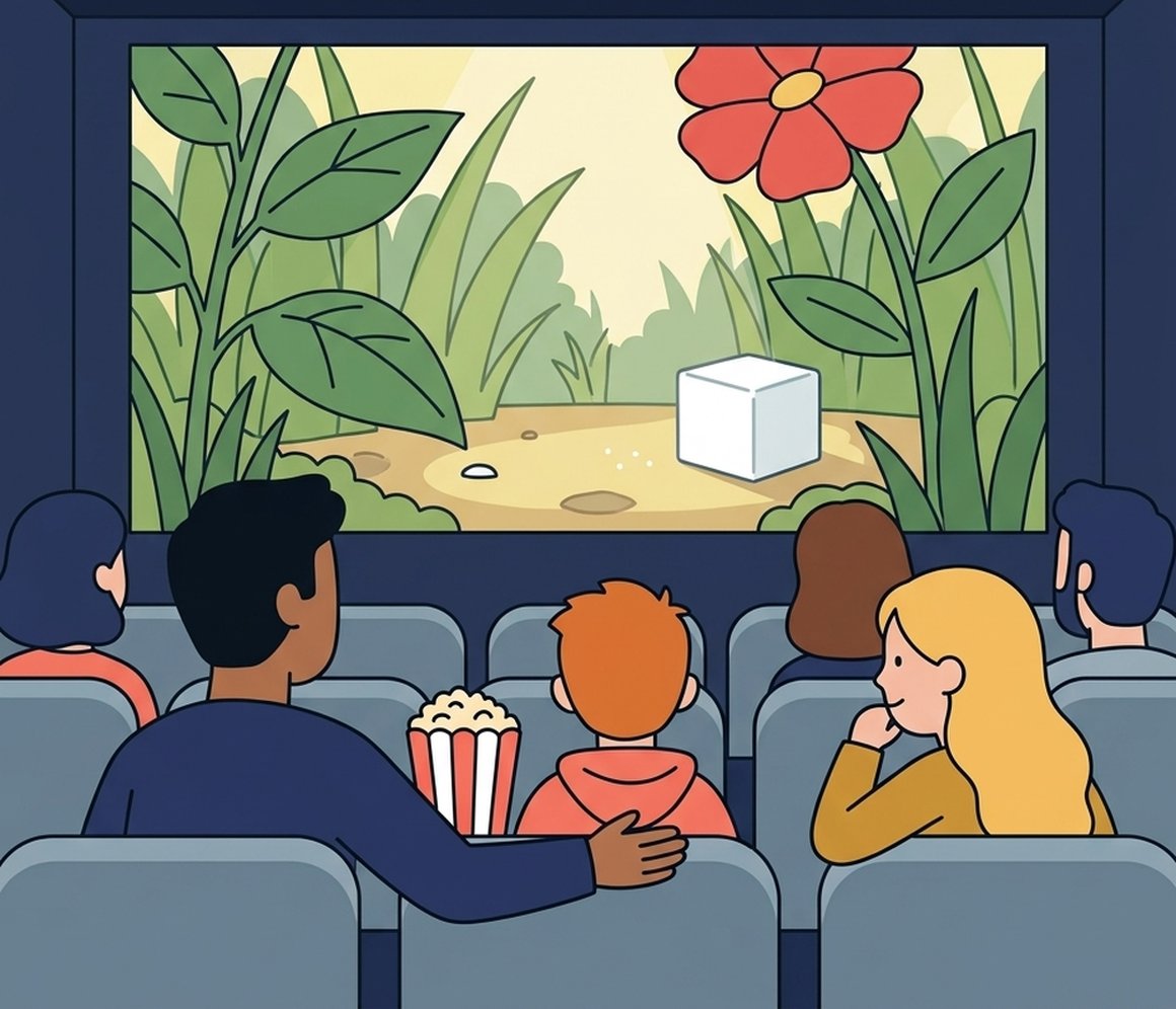 Illustration of a family seen from behind in a small cinema, watching a garden scene of giant leaves and a red flower on the screen