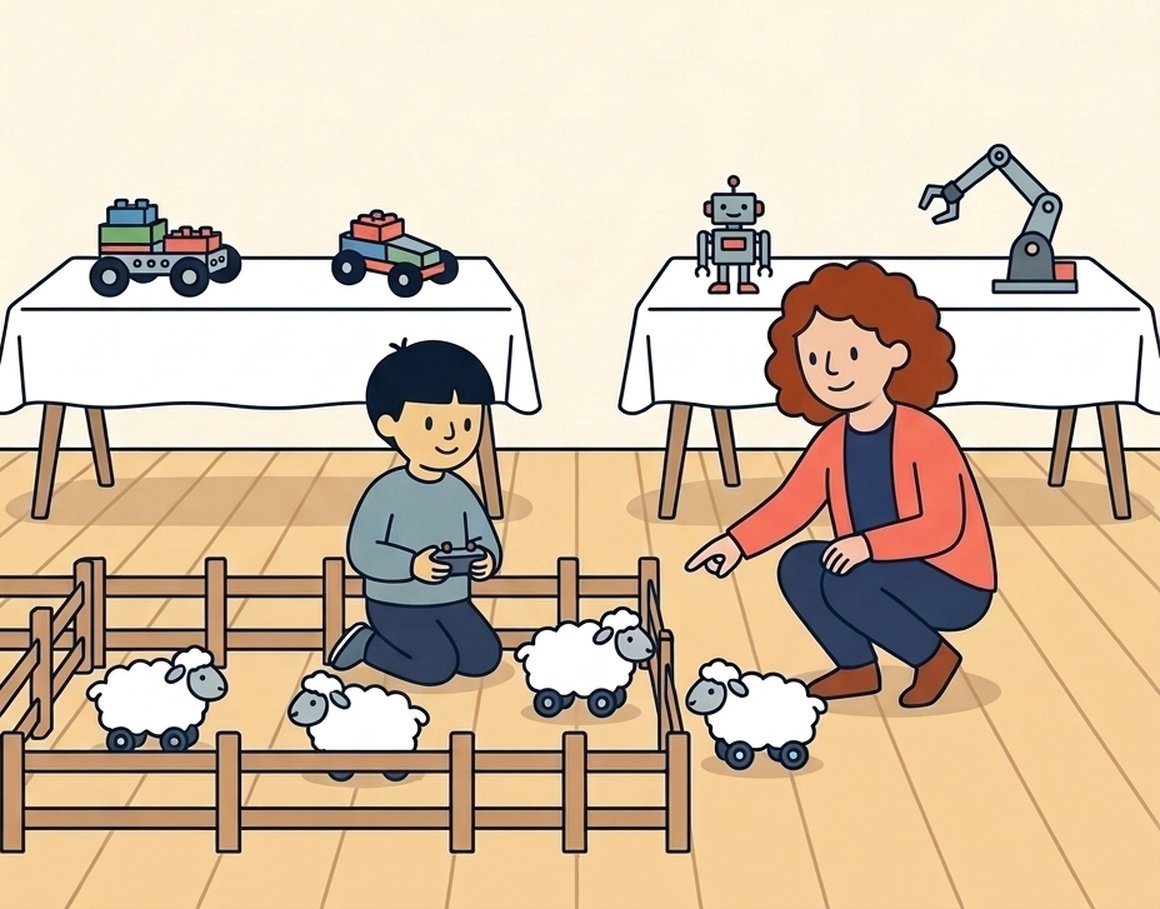 Illustration of a boy with a remote control herding little robot sheep in a church hall while his mum points, with robot cars on tables behind