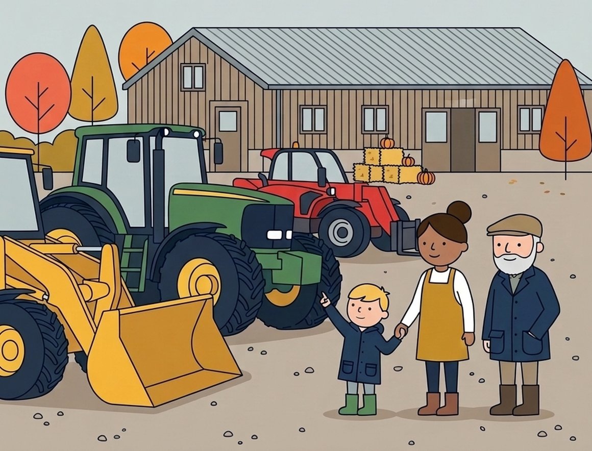 Illustration of a mum, a grandad and a little boy pointing up at a big green tractor beside a yellow digger in a farmyard, with the farm shop barn behind