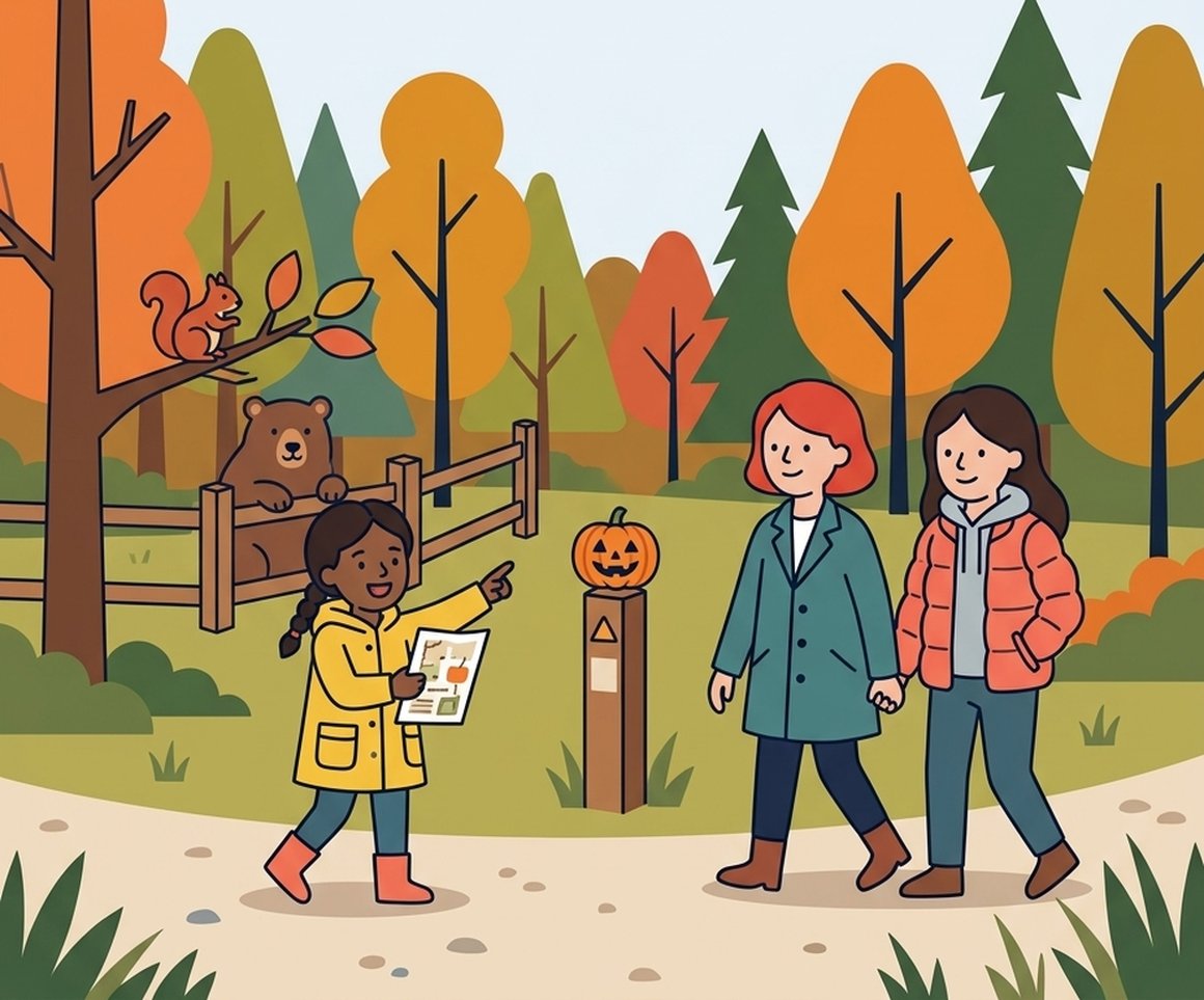 Illustration of two mums and a girl with a trail sheet pointing at a red squirrel on a woodland path, with a bear peeking out behind a fence and a pumpkin on a trail post
