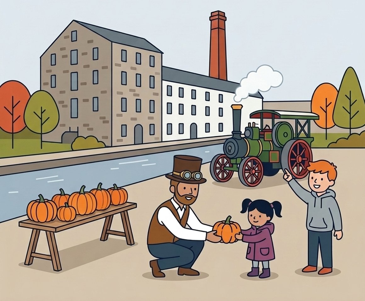 Illustration of a dad in a top hat and goggles helping a little girl decorate a pumpkin while a boy points at a steaming traction engine beside the old stone mill and its tall chimney