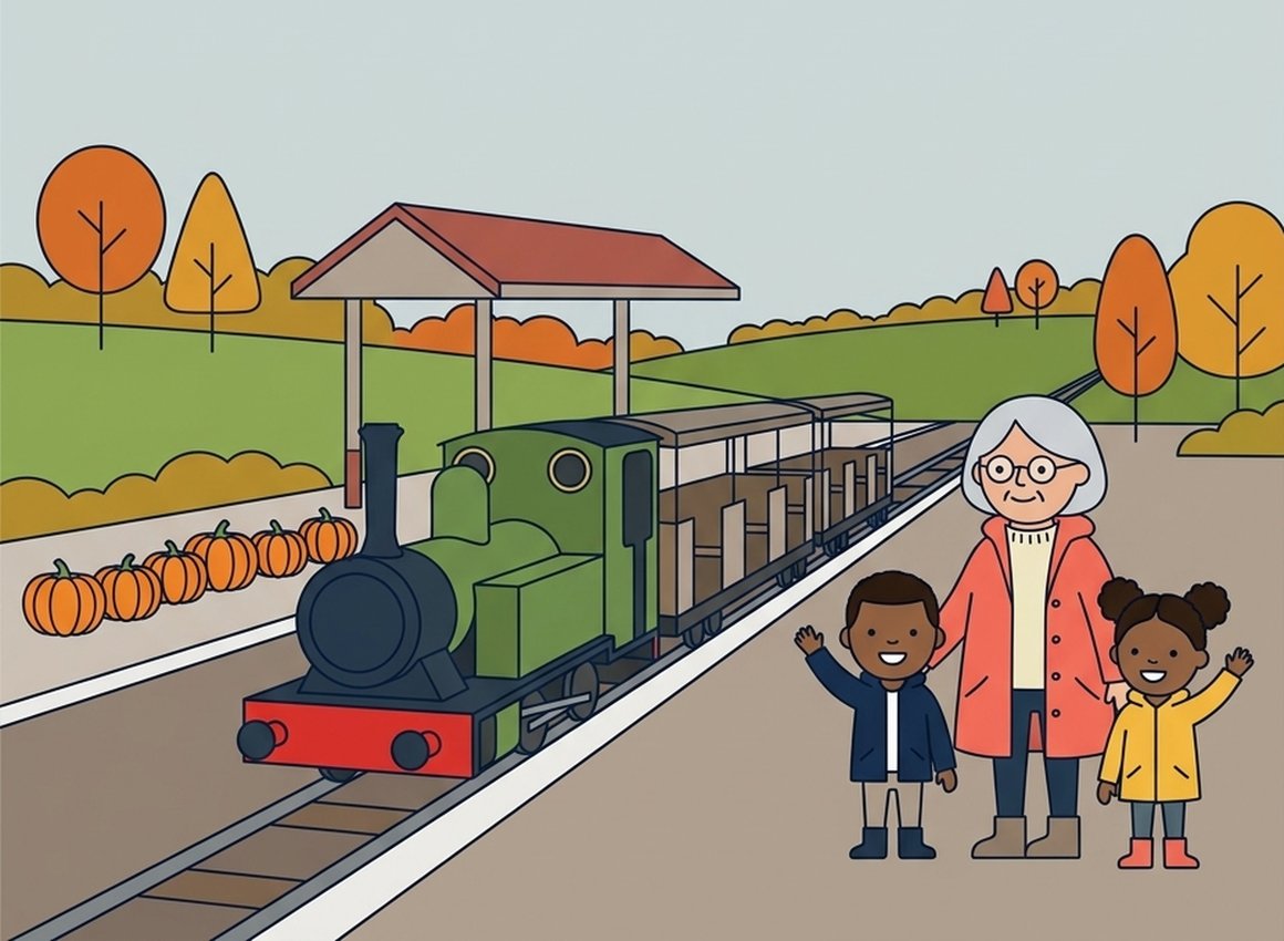 Illustration of a grandma and twins waving from a platform lined with pumpkins as a little green steam train pulls open carriages past