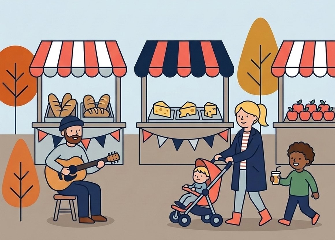 Illustration of a mum pushing a toddler in a buggy and a boy with a cup of apple juice grinning at a busker beside striped food stalls