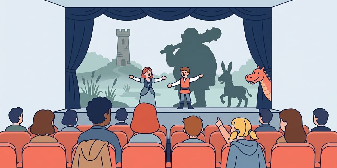 Illustration of a family audience in red theatre seats watching young performers on stage, with Fiona and a farm boy singing in front of a tower, a big ogre shadow, a donkey and a friendly dragon