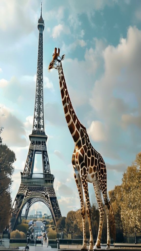 Giraffe standing in front of Eiffel t...