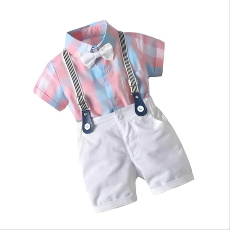 Googo gaaga Kids Boys Printed Cotton Short Sleeve Collared Neck Ethnic Wear Spandex Shirt & Shorts with Bow tie.