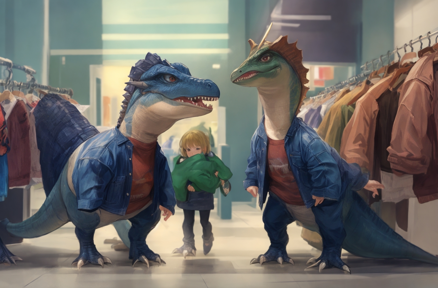 dinosaurios comprando ropa