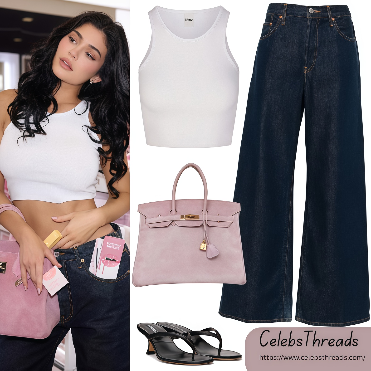 Kylie Jenner’s White Tank & Palazzo Jeans Look – Ulta Beauty, September 2025