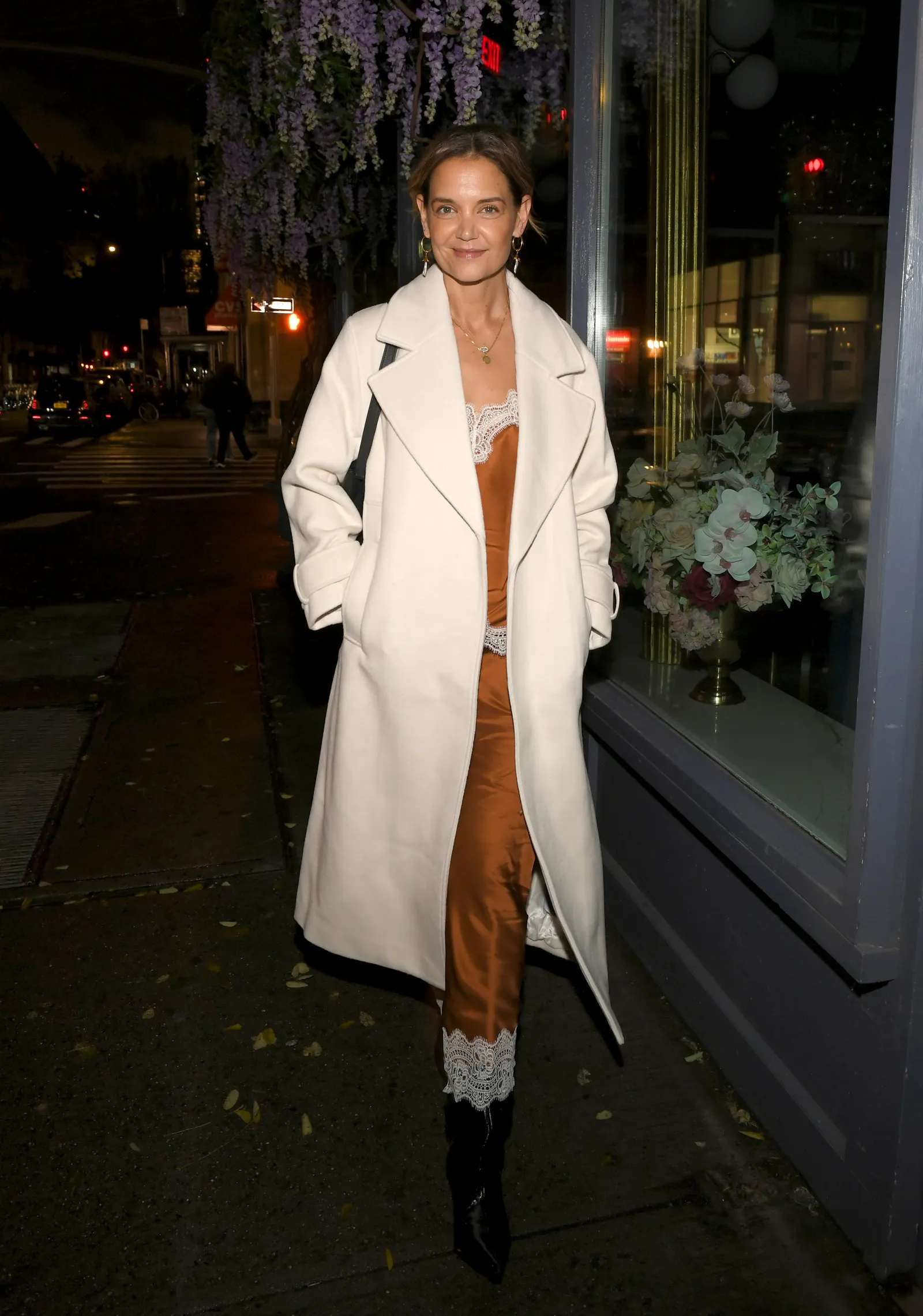 Katie Holmes channeled pumpkin spice in this silky, lace-trimmed ensemble from Aligne - Khatie