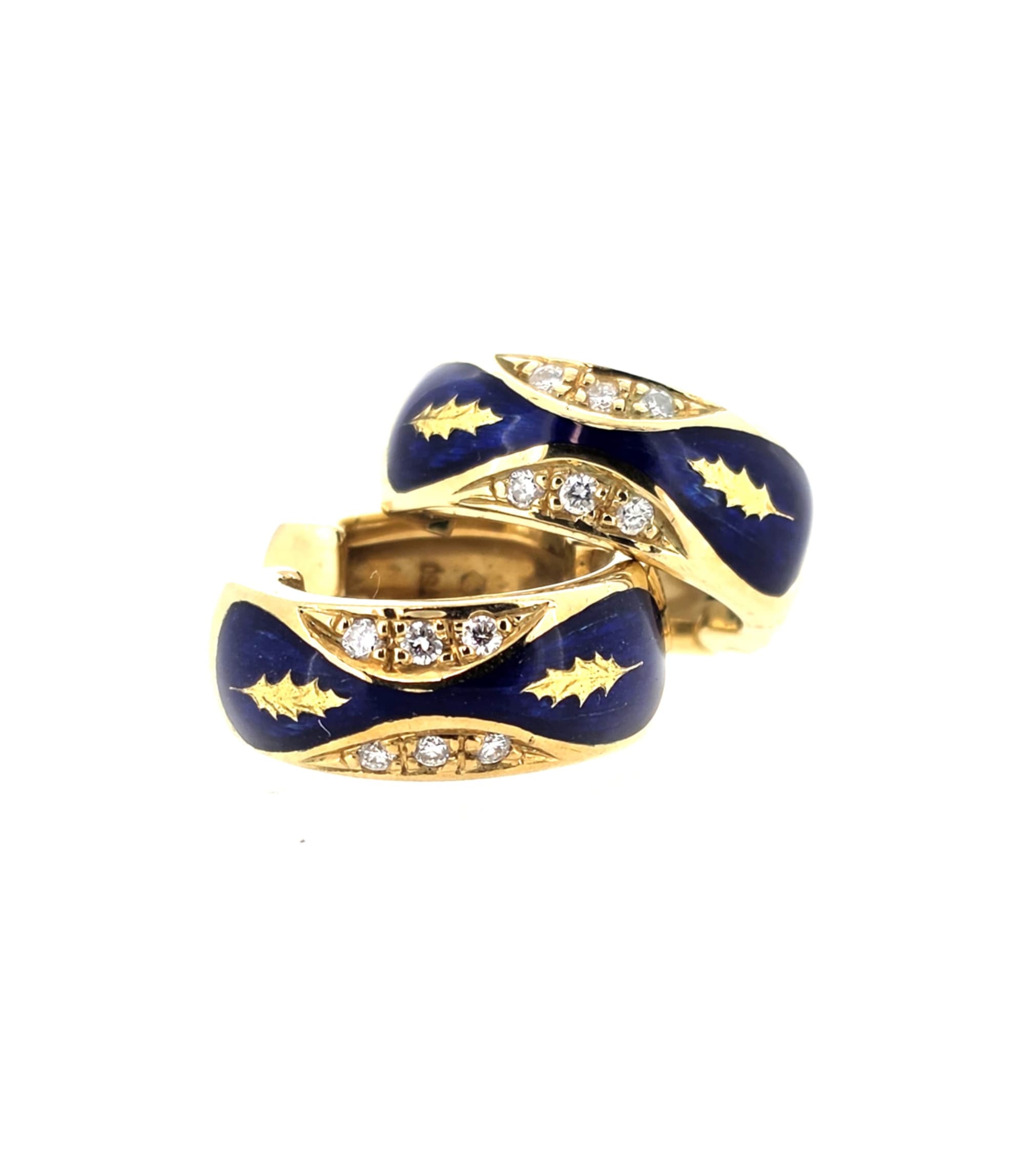 Faberge Enamel Diamond Hoop Earrings 18K Yellow Gold