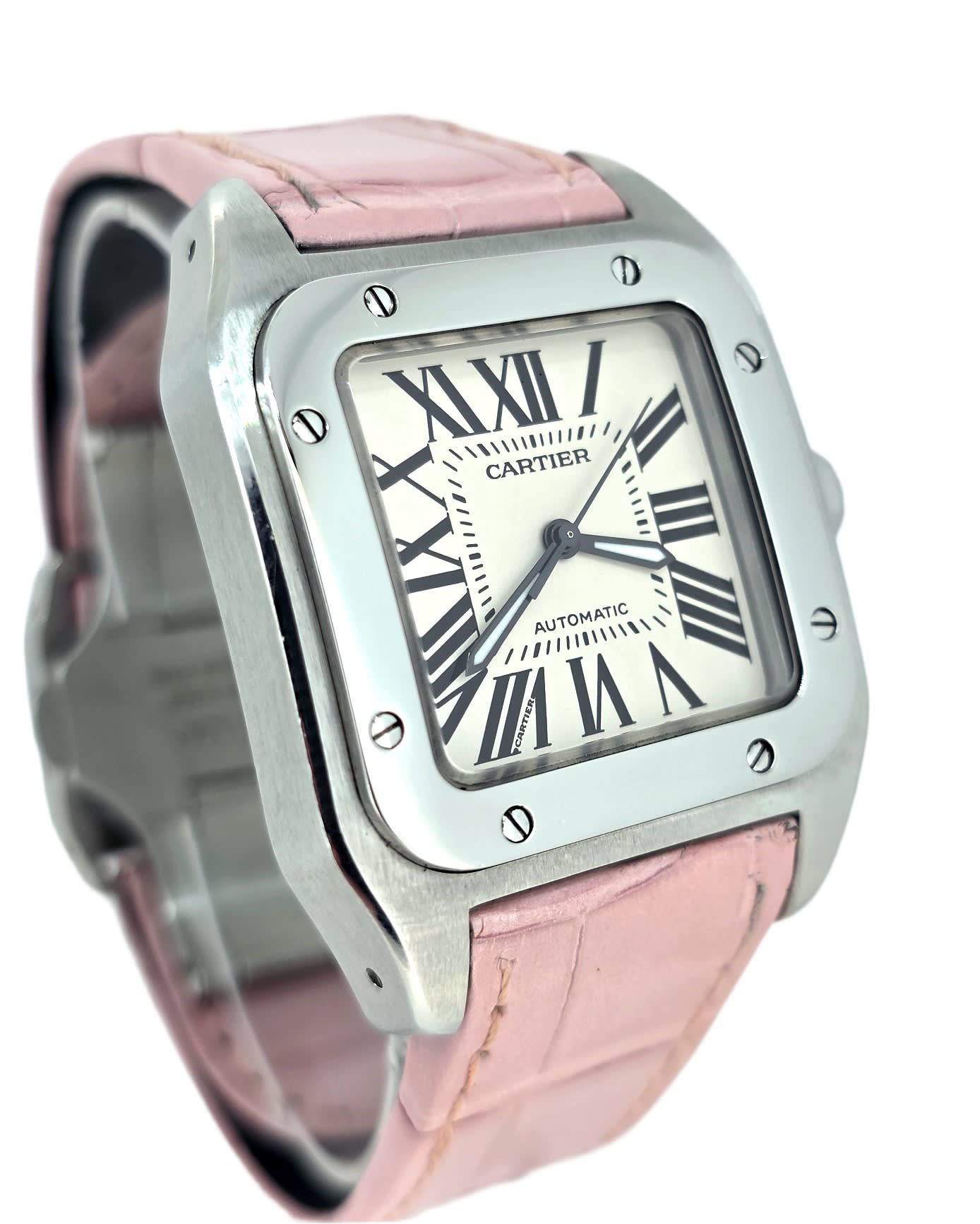 Cartier Santos 100 White Roman Dial 33mm Steel Leather Watch 2878
